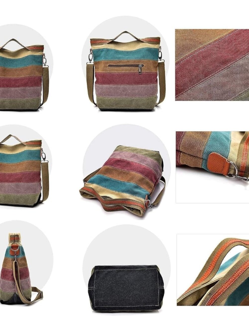 Women's Canvas Hobo Handbag, Multi-Color Tote Crossbody Bag - Picture 6 of 9